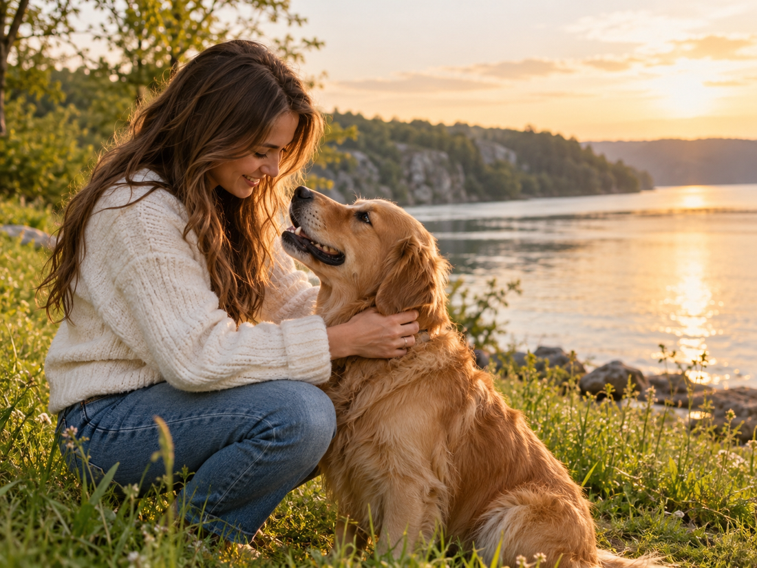 Femme au bord de l'eau échangeant un regard tendre avec son chien Golden Retriever.
