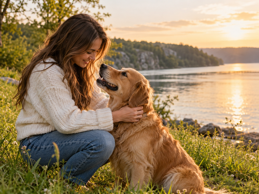 Femme au bord de l'eau échangeant un regard tendre avec son chien Golden Retriever.