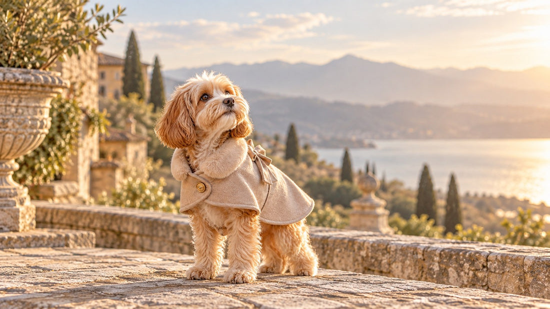 Petit chien portant un manteau beige élégant lors d'une promenade en plein air.
