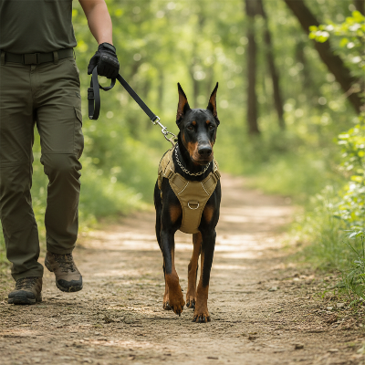 Harnais anti-traction chien puissant tactique Doberman en promenade sur sentier