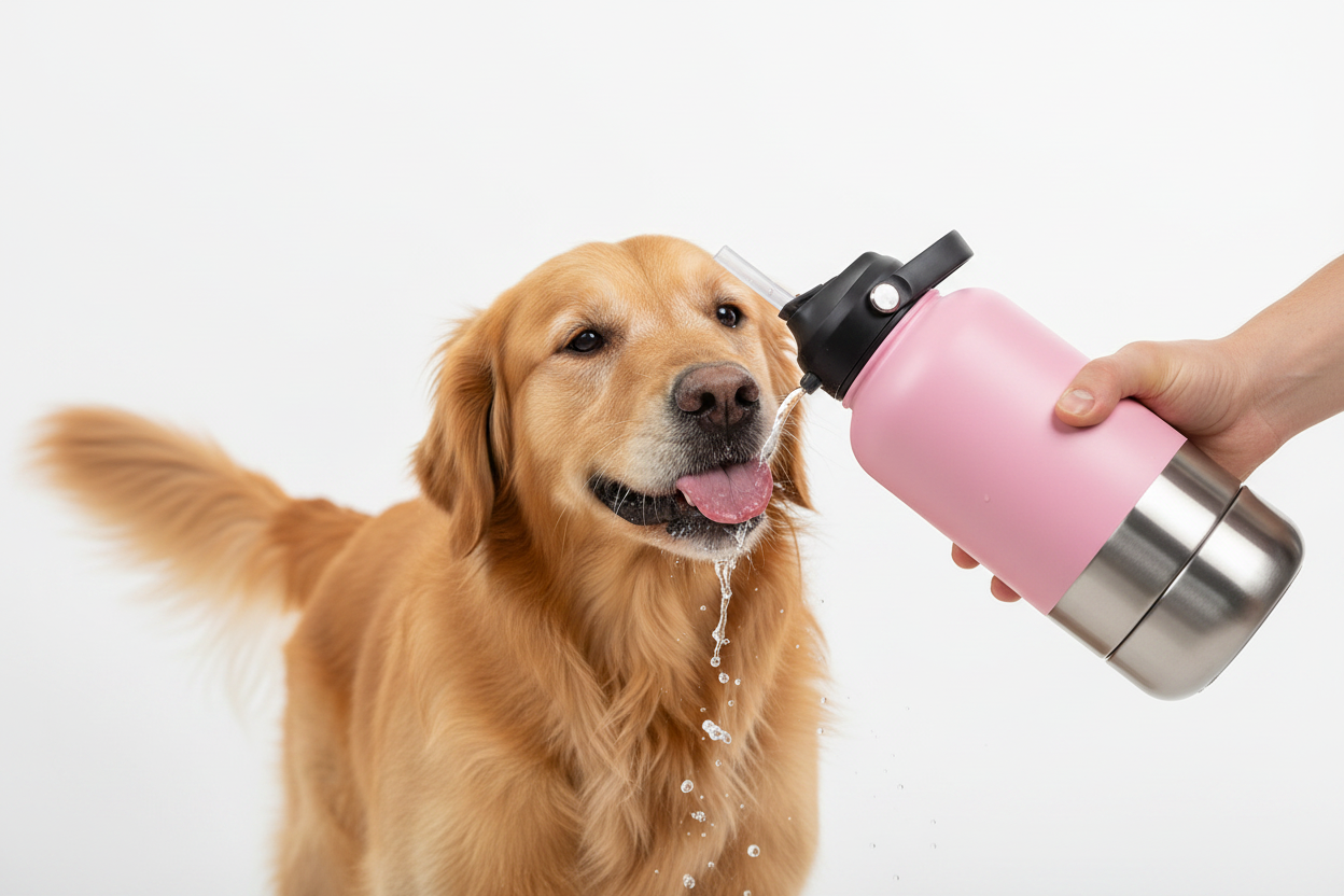 Chien buvant à la gourde rose
