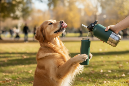 Chien debout avec gourde vert foncé