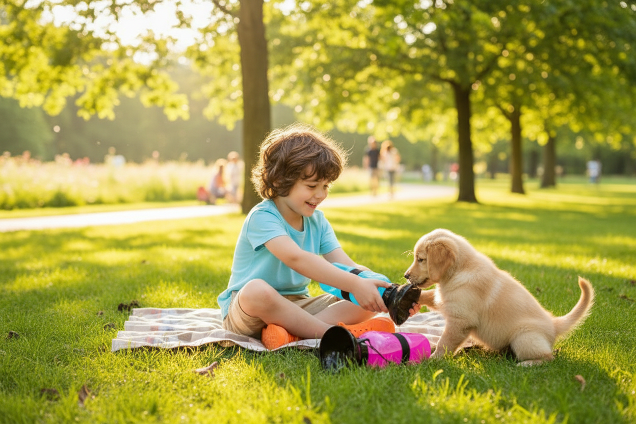 Gourde pour chien avec enfant dans un parc