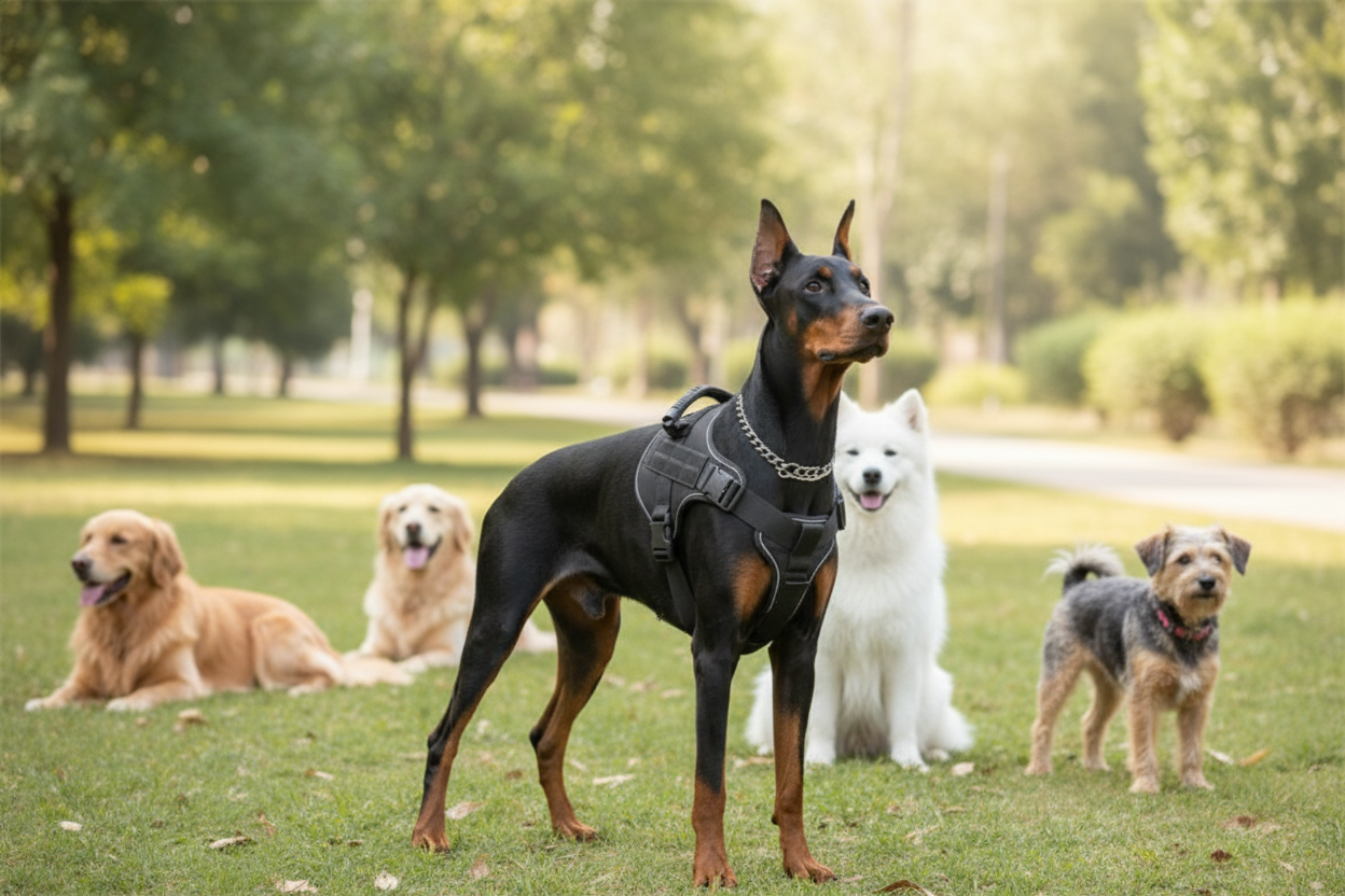 Harnais anti-traction – chien calme entouré d'autres chiens