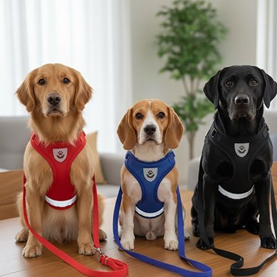 Harnais chien avec son compagnon marche en toute securité dans la foret