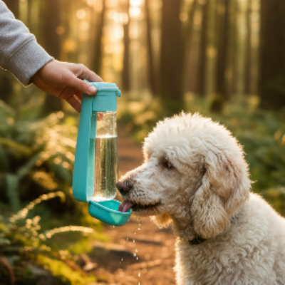 Gourde pour chien - caniche qui boit en forêt