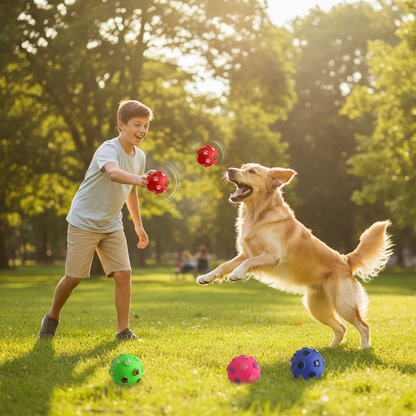 Jeune ado jouant avec un chien et 4 balles colorées